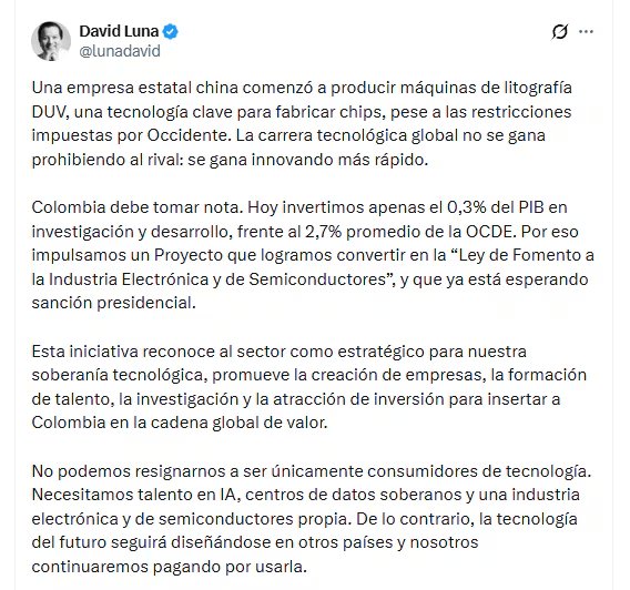 David Luna aseguró que el país debe responder al avance tecnológico global con mayor innovación y desarrollo científico - crédito @lunadavid/X