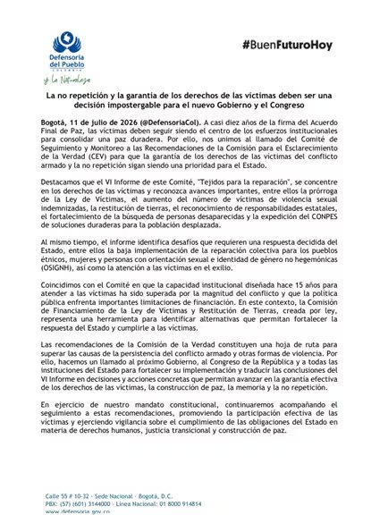 La Defensoría emitió el comunicado la mañana del sábado 11 de julio de 2026, a poco más de cuatro meses para que se cumpla una década de la firma del Acuerdo de Paz - crédito Defensoría del Pueblo