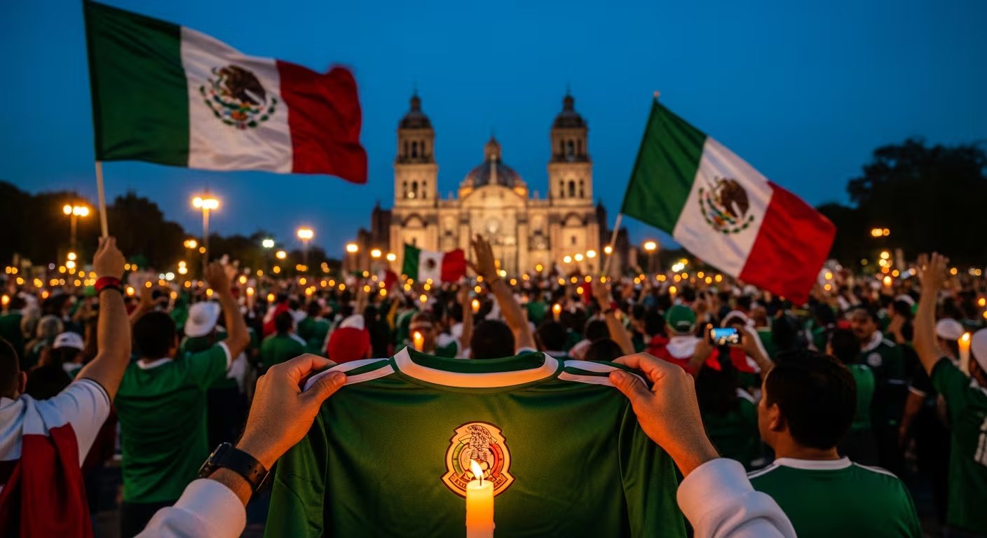 Una multitud de aficionados mexicanos se reúne al anochecer frente a la Basílica de Guadalupe, portando banderas y camisetas de su selección, con manos que sostienen una vela encendida en primer plano. (Imagen Ilustrativa Infobae)