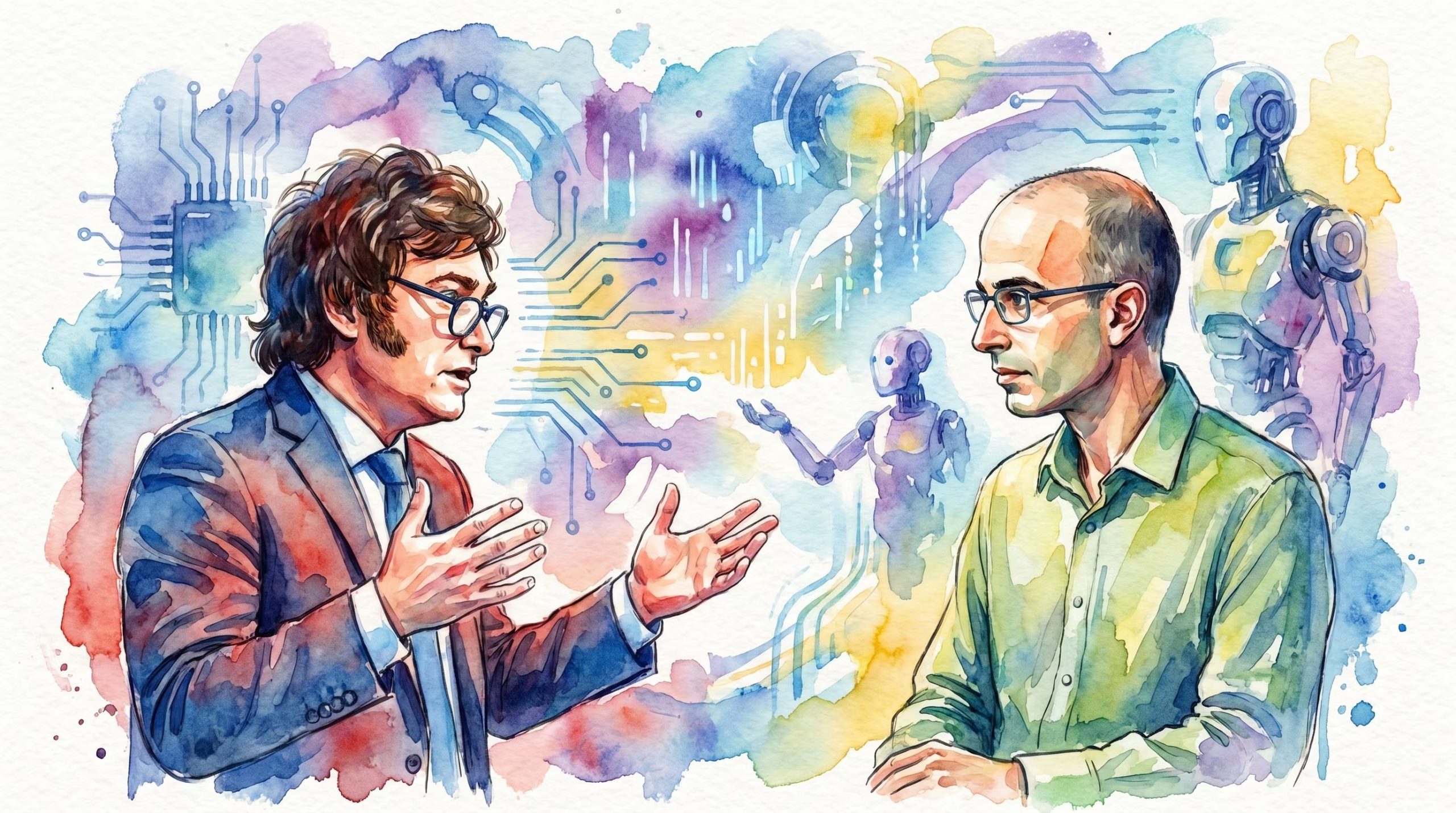 Yuval Noah Harari y Javier Milei intercambiaron posturas sobre el comportamiento futuro de la inteligencia artificial (Imagen Ilustrativa Infobae)