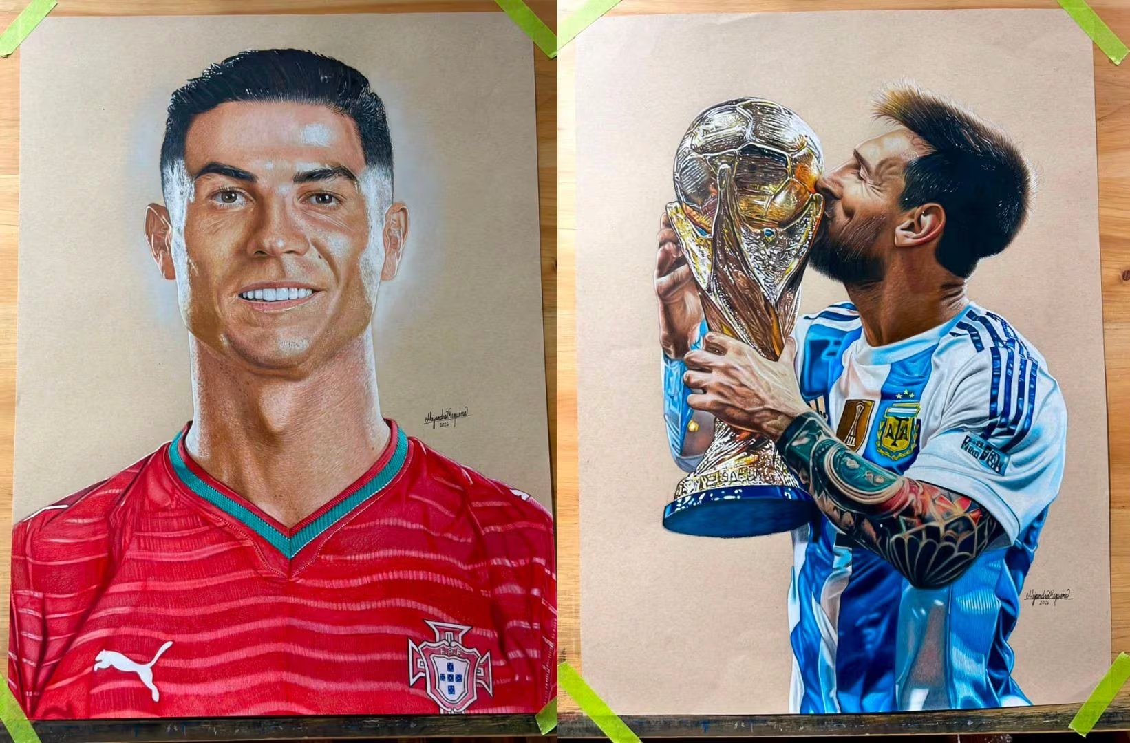 Los retratos de Lionel Messi y Cristiano Ronaldo son trabajados minuciosamente por el artista guatemalteco durante extensas jornadas de 4 a 5 horas diarias.