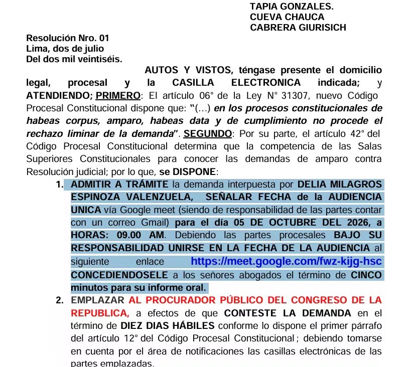 La resolución judicial Nro. 01 de Lima admite a trámite la demanda interpuesta por Delia Espinoza para anular su segunda inhabilitación, programando una audiencia virtual para el 5 de octubre de 2026.