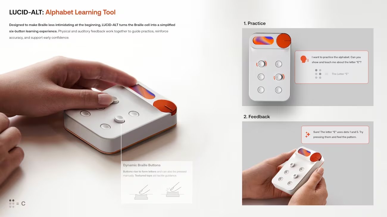 LUCID-ALT introduce el alfabeto braille con un teclado ampliado de seis puntos que favorece la familiaridad táctil (Crédito de la imagen: Laboratorio PXD; publicado en la Universidad de Houston)