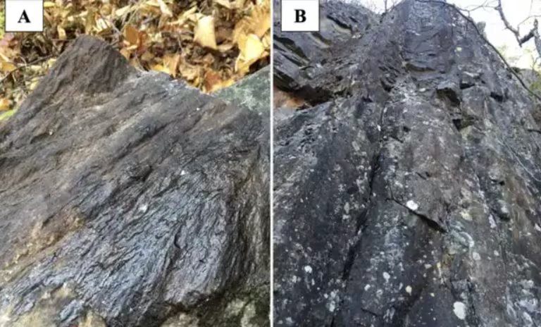 A) Cono de fractura en el centro de la estructura. B) Roca fundida a 4 km (2,5 millas) al oeste del centro de la estructura. (Foto: Gattacceca, J. et al.)