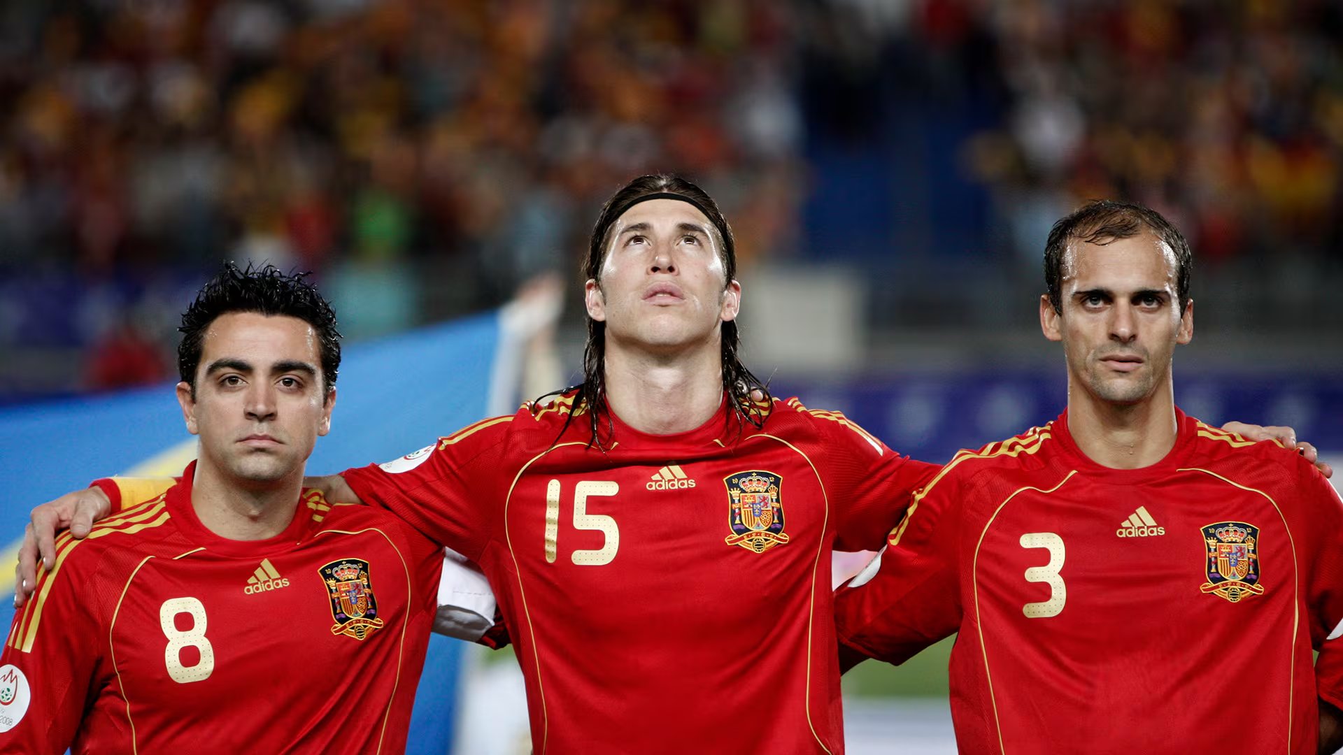 Mariano Pernía en la selección de España junto a Xavi Hernández y Sergio Ramos (Foto Jasper Juinen)