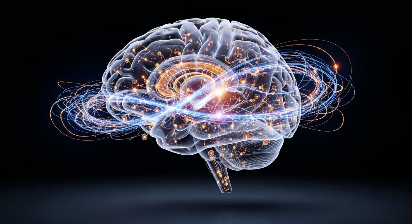 Una representación 3D de un cerebro humano muestra destellos eléctricos y ondas de luz azul y naranja cruzando las conexiones neuronales, simbolizando la integración de la memoria. (Imagen Ilustrativa Infobae)
