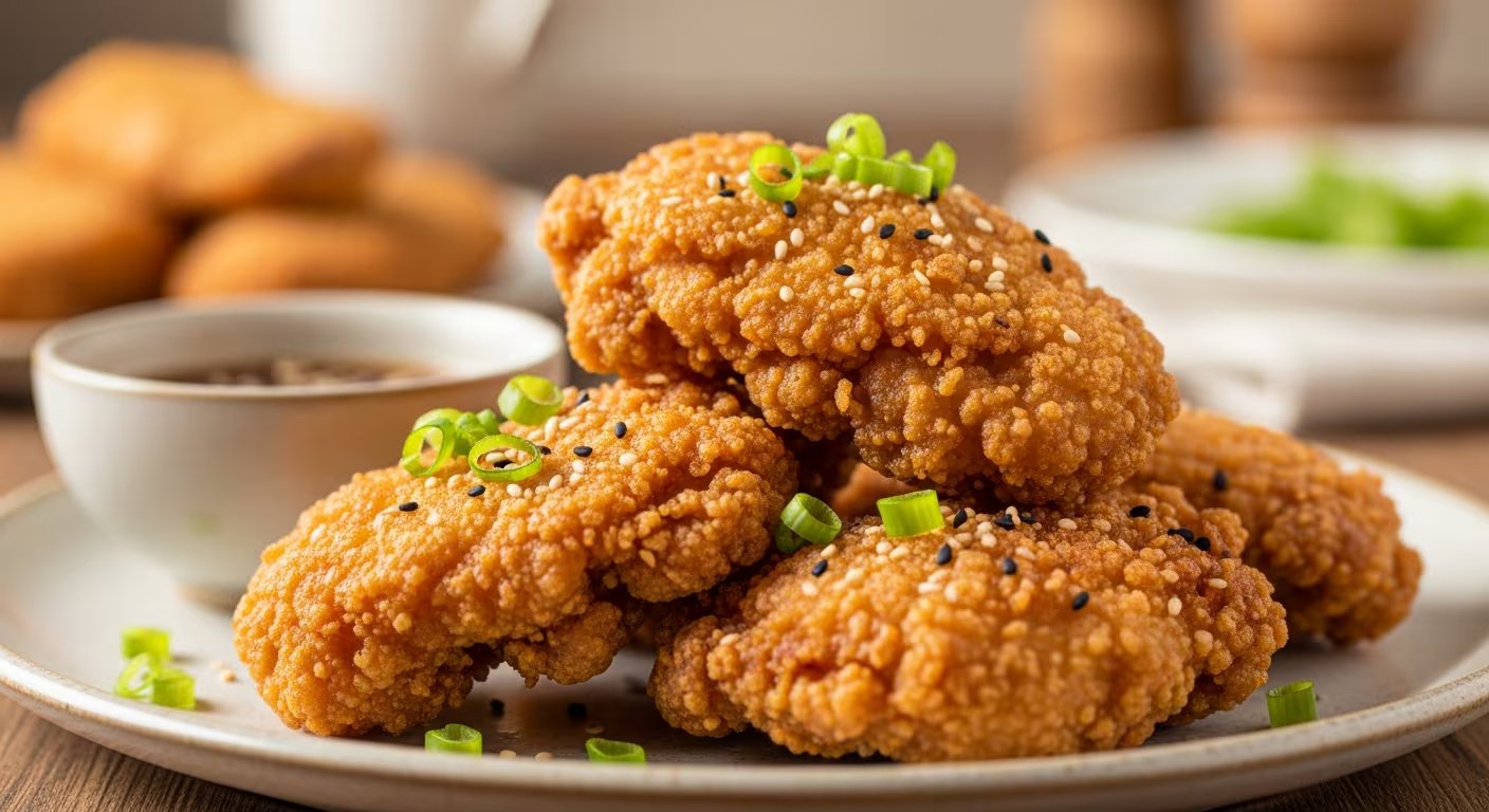 Pollo frito con un rebozado crocante, espolvoreadas con semillas de sésamo y cebolleta picada (Imagen Ilustrativa Infobae)