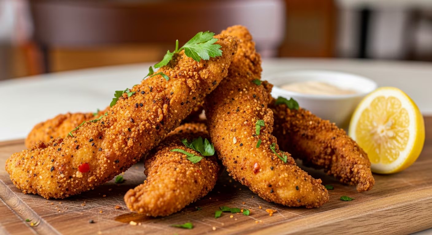 Tiras de pollo frito estilo cajún, sazonadas con especias y acompañadas de limón y salsa (Imagen Ilustrativa Infobae)