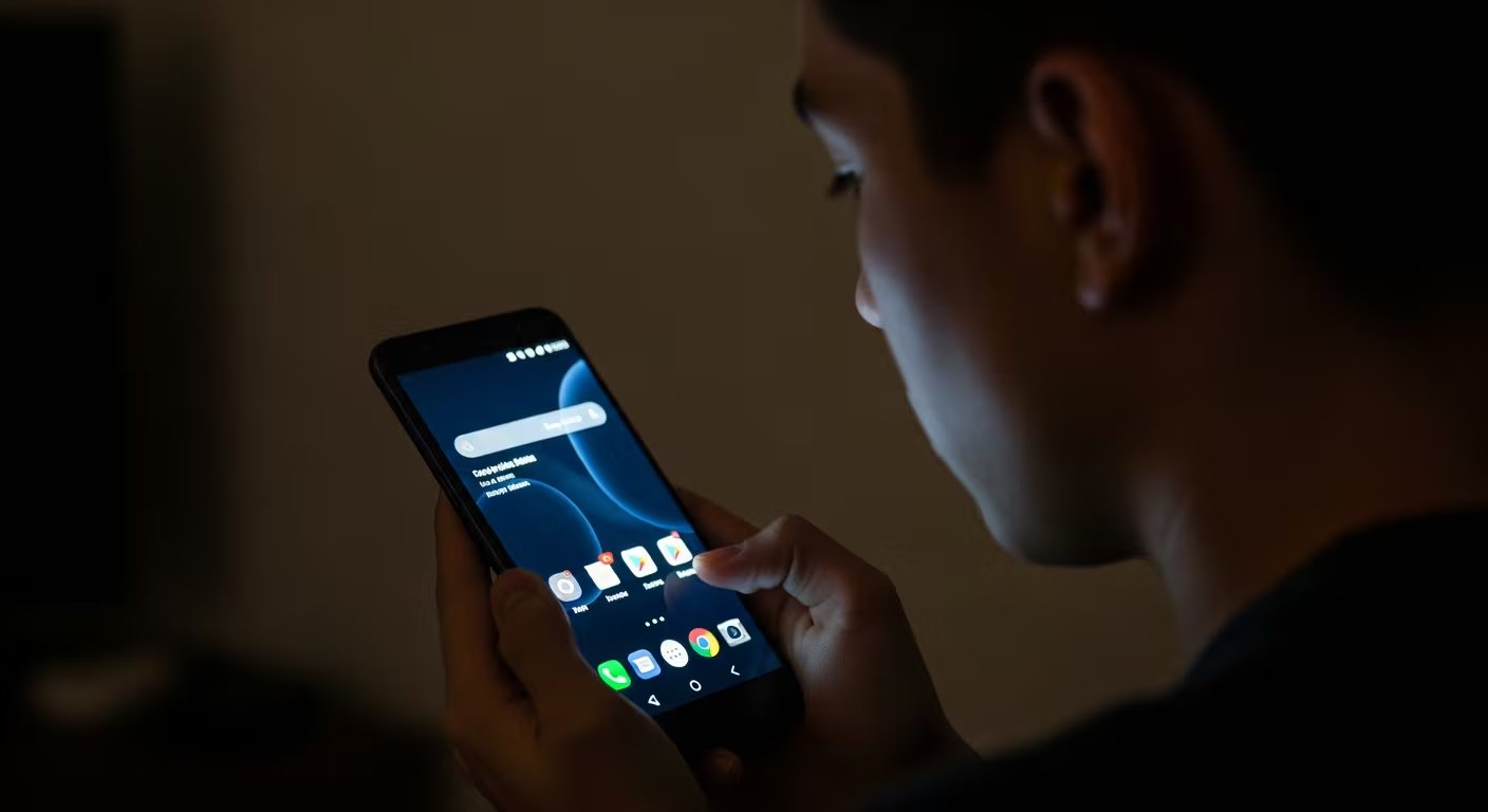 Una persona utiliza un celular Android con el tema oscuro activado, una configuración cada vez más popular que ofrece beneficios para la vista y la batería del dispositivo. (Imagen Ilustrativa Infobae)