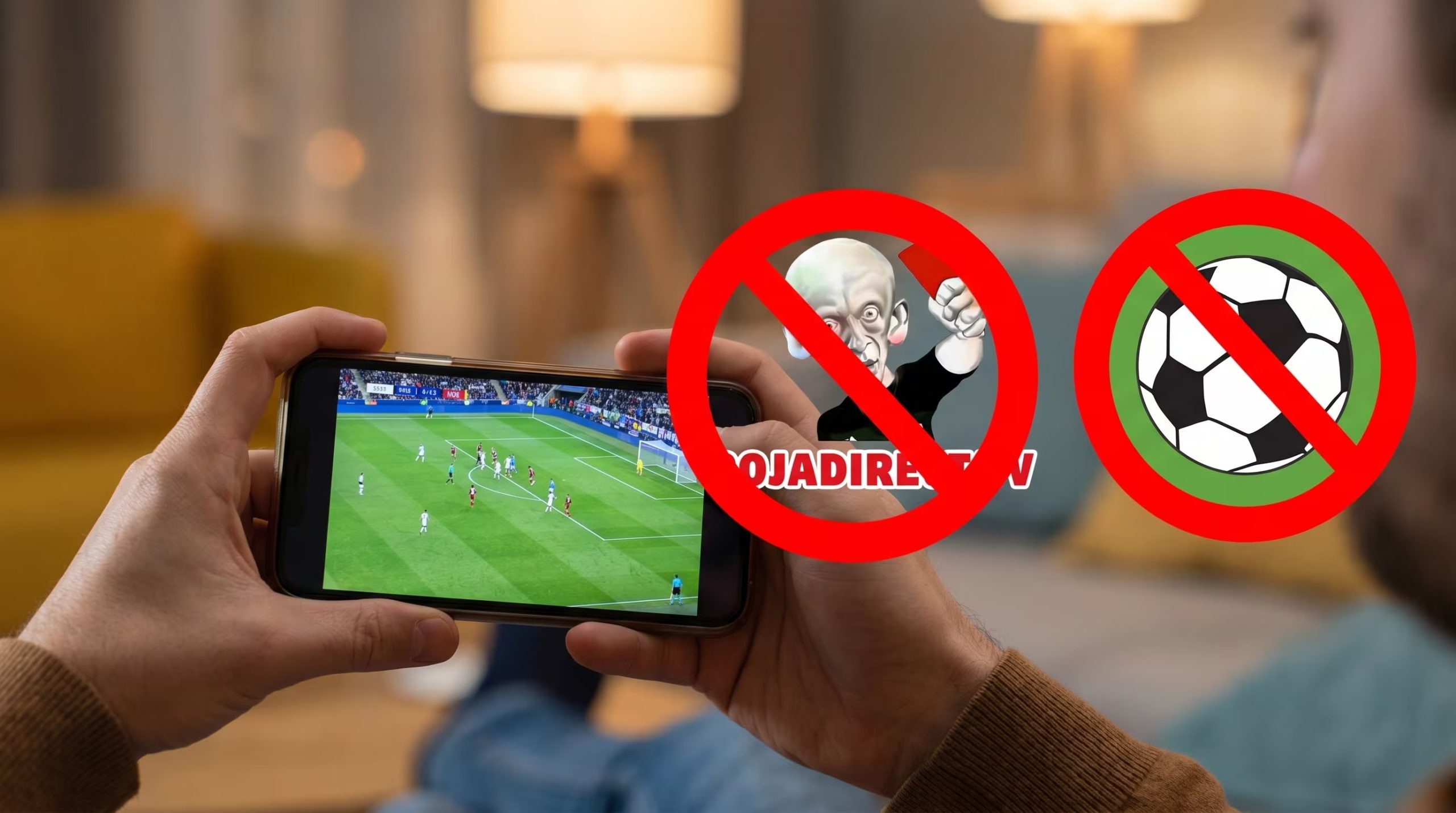 Un primer plano muestra a una persona viendo un partido de fútbol en su celular, con logos de streaming ilegal como Rojadirecta y un balón tachados, simbolizando la lucha contra la piratería en línea. (Imagen Ilustrativa Infobae)