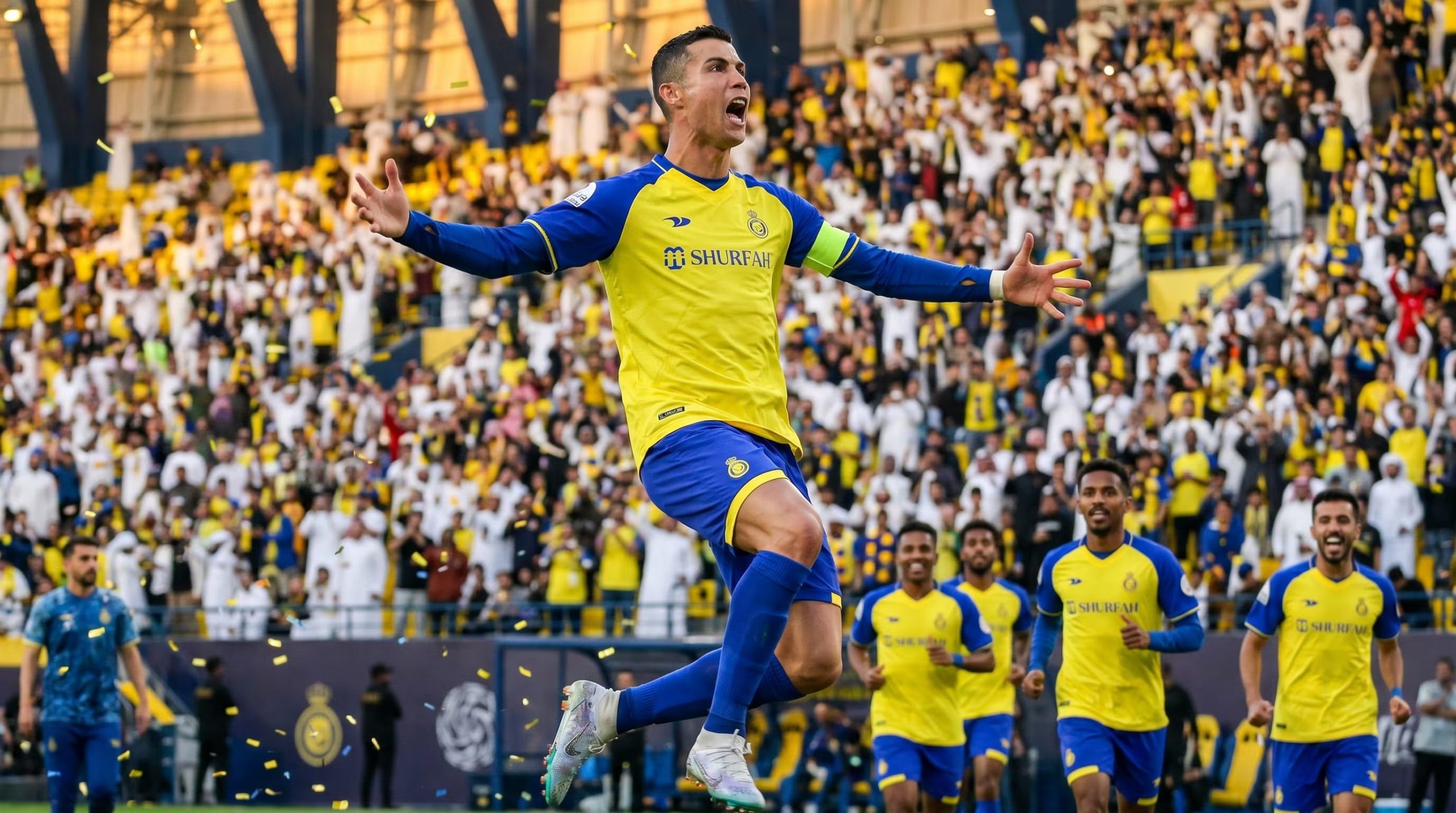 Cristiano Ronaldo celebra un gol vital para Al Nassr, saltando con los brazos abiertos en medio de una lluvia de confeti, con sus compañeros y la afición enardecida en el fondo del estadio. (Imagen Ilustrativa Infobae)