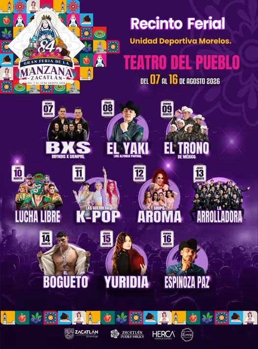 El cartel oficial de la 84 Gran Feria de la Manzana en Zacatlán presenta la agenda de artistas y eventos programados del 7 al 16 de agosto de 2026 en el Teatro del Pueblo. (Feria de la Manzana Zacatlán/Facebook)