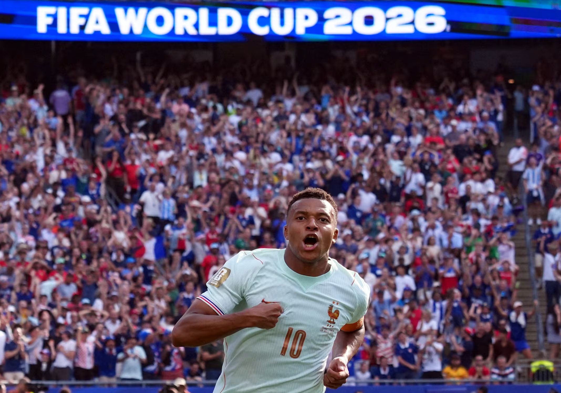 Kylian Mbappé celebrando un gol contra Marruecos en cuartos de final del Mundial 2026 (David Butler/Reuters)