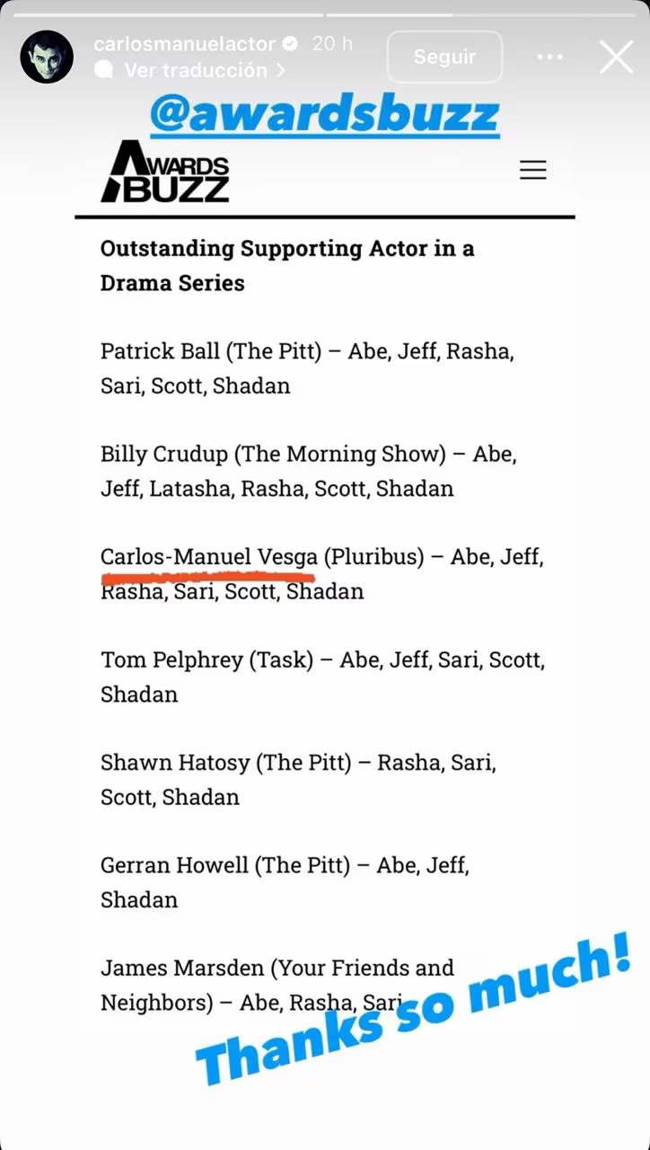 Carlos Manuel Vesga, actor colombiano, fue nominado por primera vez a los Premios Emmy 2026 - crédito @carlosmanuelactor/IG