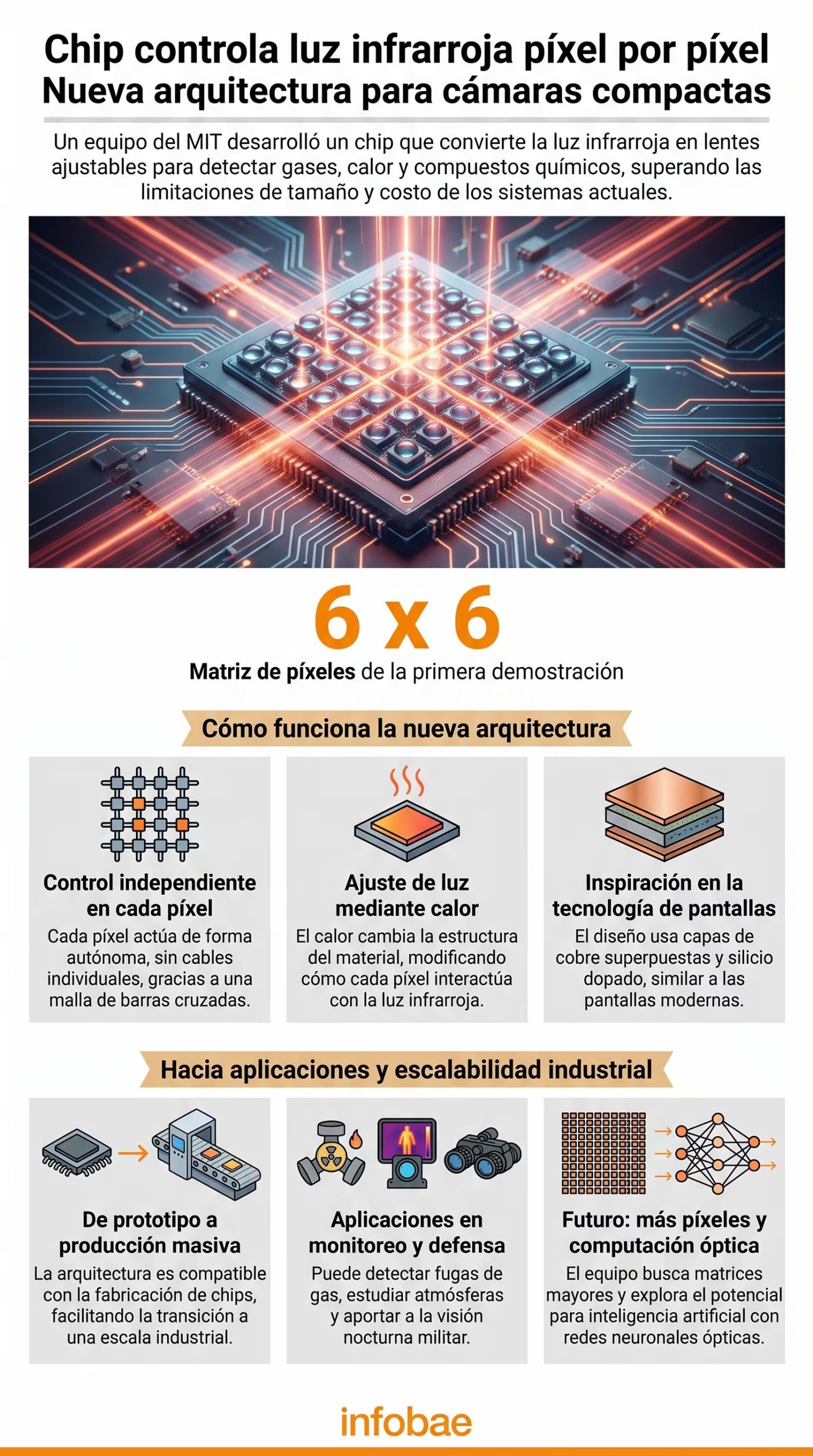 Esta infografía ilustra el nuevo chip del MIT capaz de controlar luz infrarroja píxel por píxel, el cual mejora la detección de gases, calor y compuestos químicos (Imagen Ilustrativa Infobae)