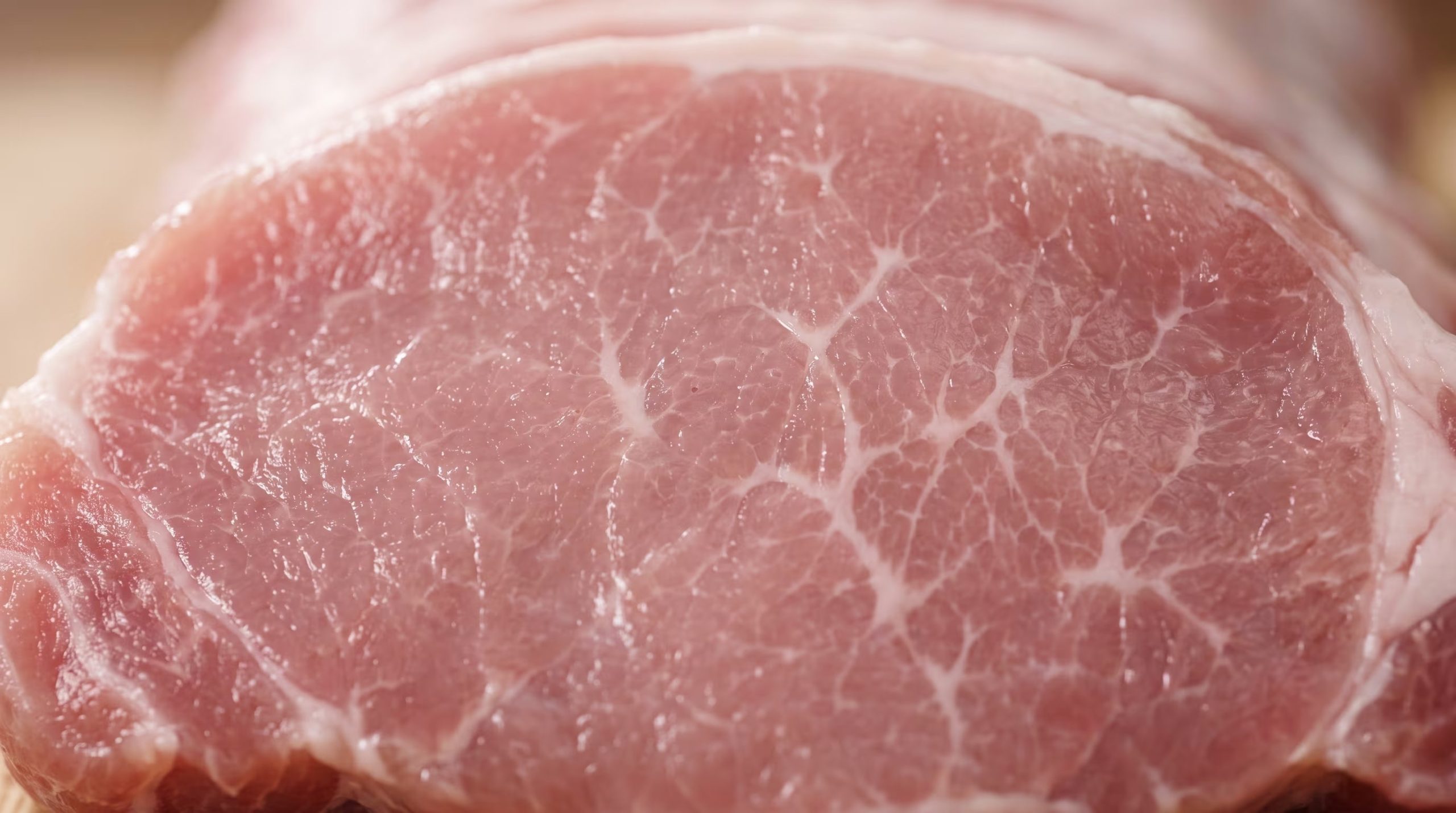 Un corte de carne de cerdo cruda exhibe su textura de fibra muscular con veteado de grasa blanca y tonos rosados bajo una iluminación suave. (Imagen Ilustrativa Infobae)