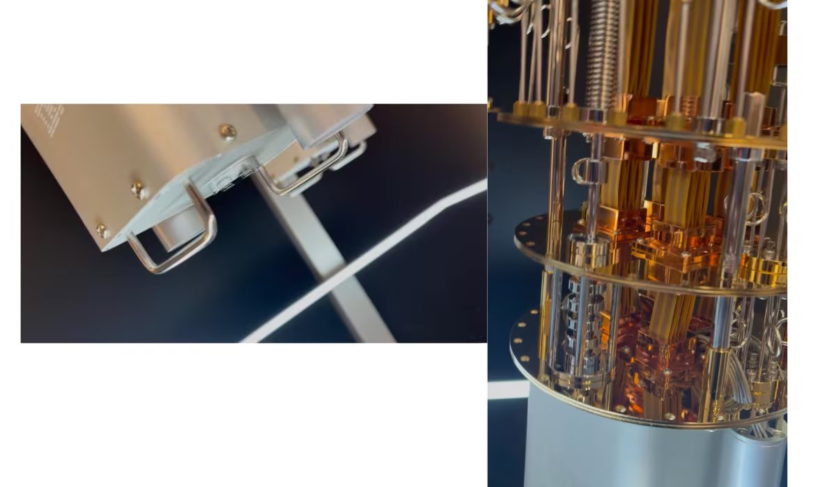En la base de la computadora cuántica se encuentra el chip, seguido a esto, una estructura dorada que sirve para refrigerarlo. (Infobae Tecno)