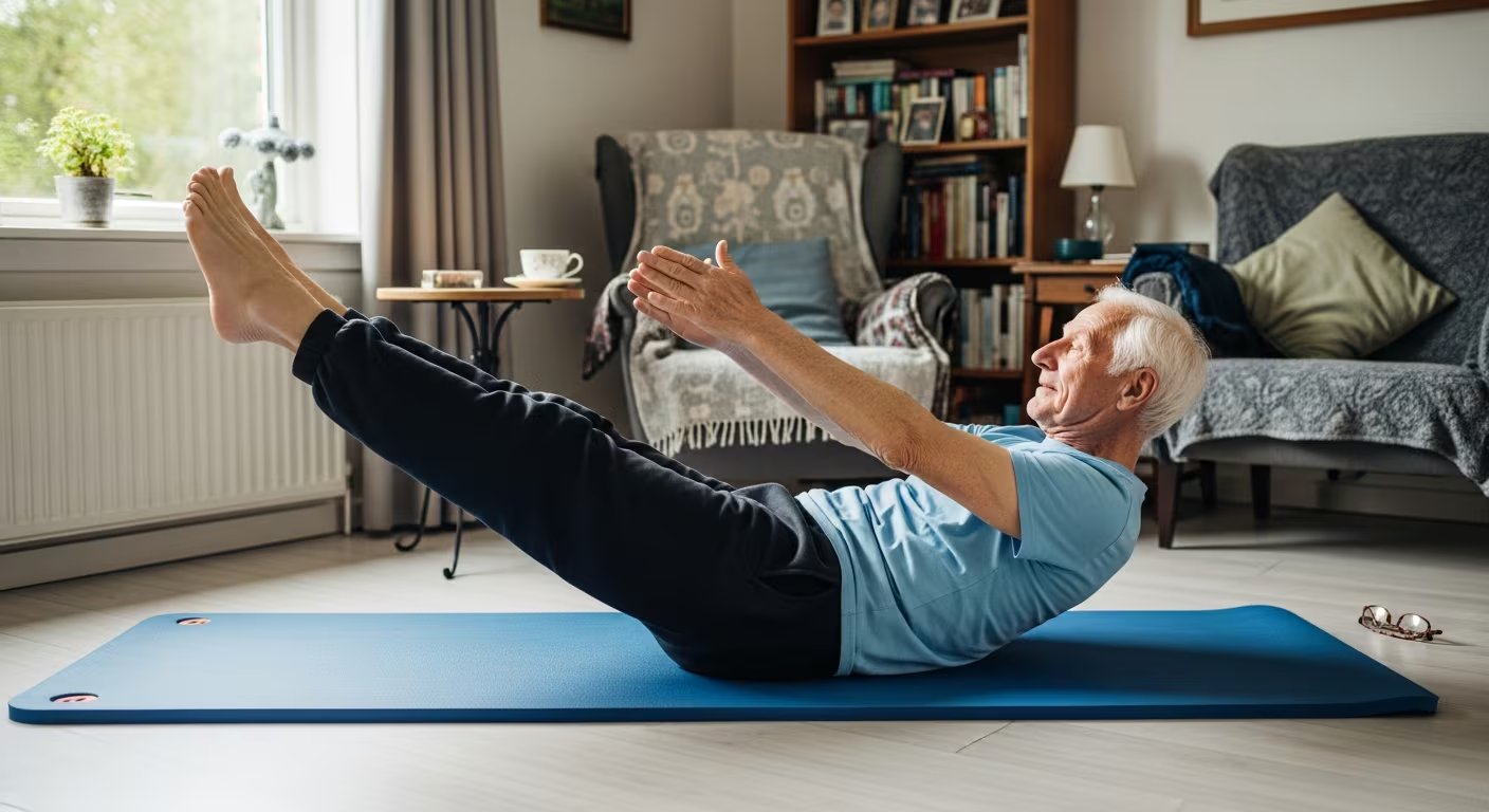 Un hombre de 98 años realiza ejercicios de pilates sobre una colchoneta azul en su casa. (Imagen Ilustrativa Infobae)