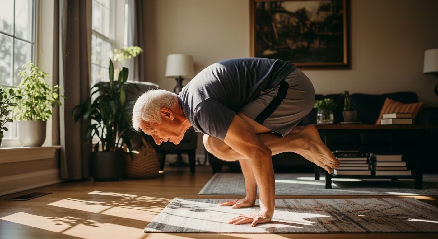 Un hombre de 98 años realiza la postura del cuervo de yoga sobre una esterilla en el salón de su casa. (Imagen Ilustrativa Infobae)