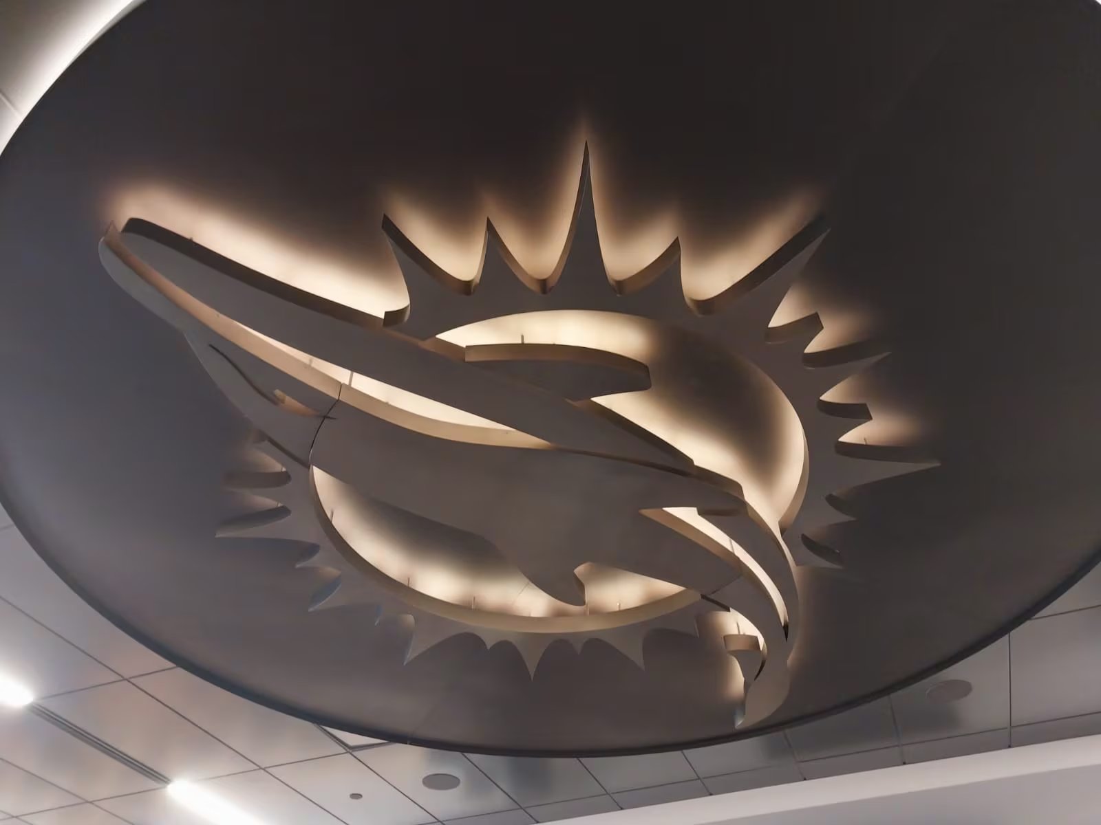 El logo de los Dolphins, en el techo del vestuario que ofició como sala de conferencias