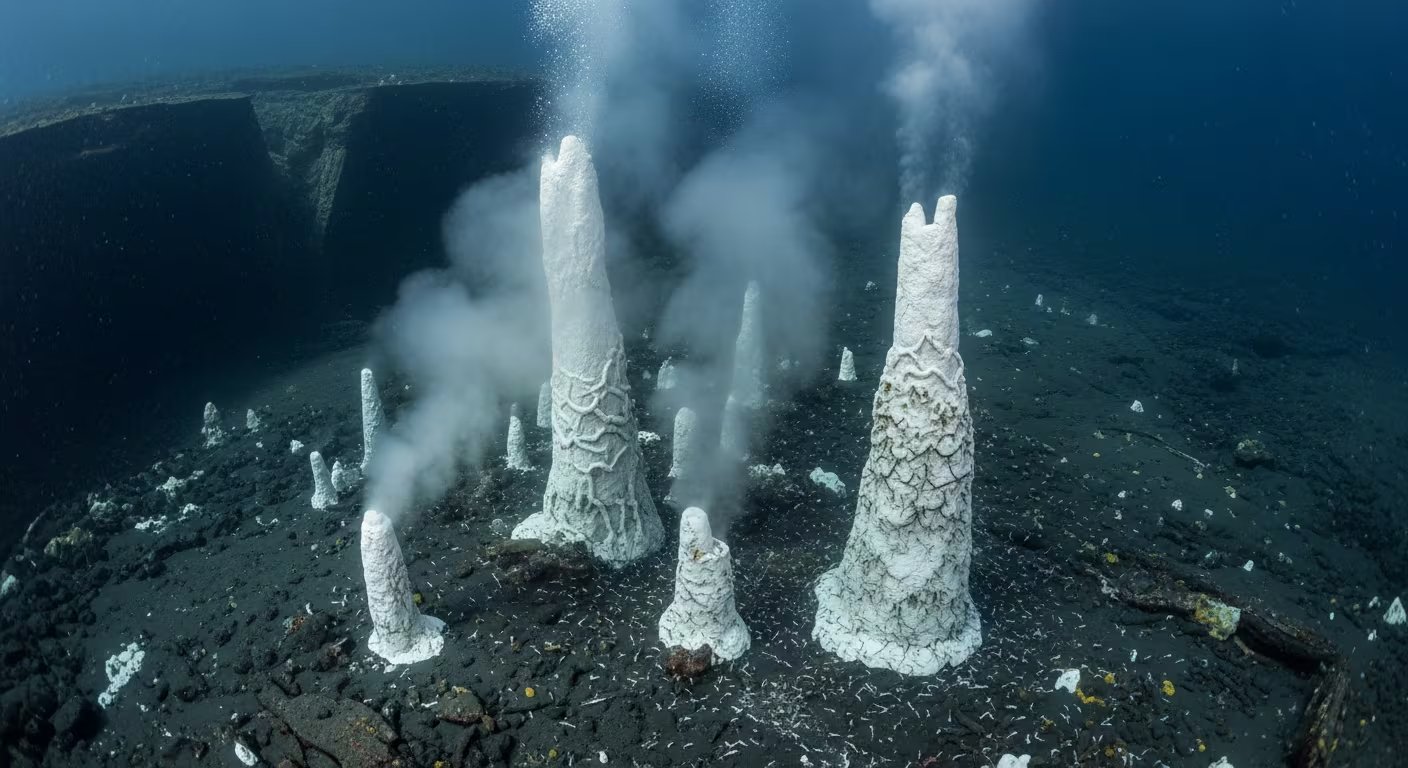  Las chimeneas blancas de la Ciudad Perdida liberan fluidos sobrecalentados y ricos en compuestos químicos, creando un oasis de vida en la oscuridad del fondo del Atlántico (Imagen Ilustrativa Infobae)
