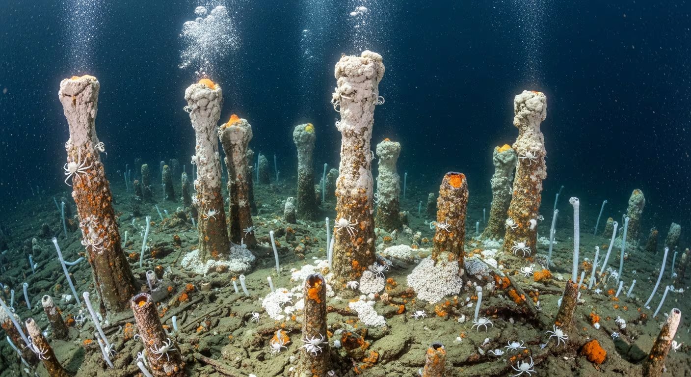 El campo hidrotermal de la Ciudad Perdida, un modelo para estudiar posibles ecosistemas en lunas como Encélado y Europa, ilustra las chimeneas submarinas y la biodiversidad que las rodea (Imagen Ilustrativa Infobae)