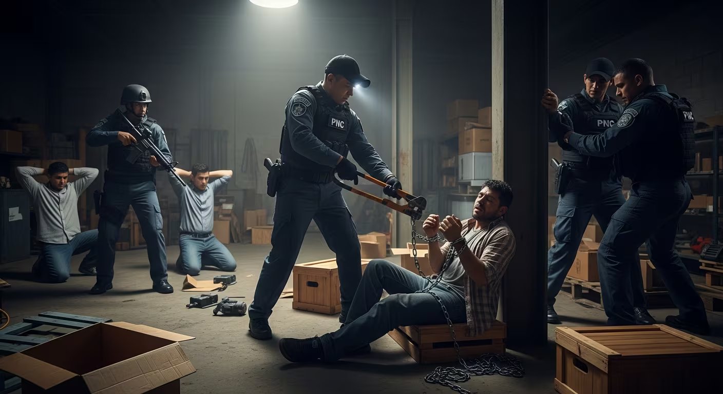 Agentes de la Policía Nacional Civil de Guatemala liberan a una víctima de secuestro y detienen a tres individuos en un almacén durante una operación de rescate. (Imagen Ilustrativa Infobae)