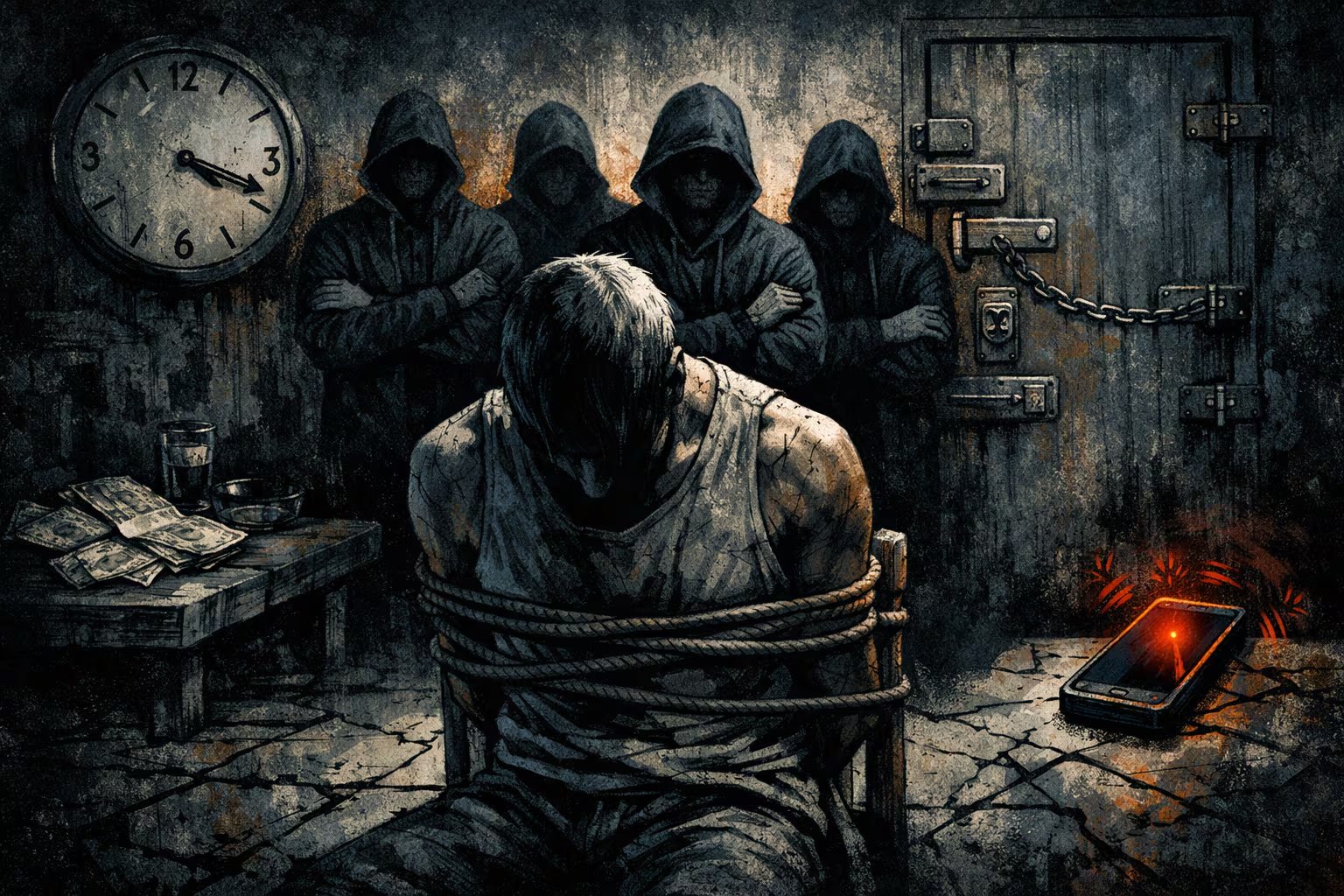 Una ilustración conceptual muestra a una figura atada y cabizbaja, observada por encapuchados en una habitación oscura con símbolos de tiempo, dinero y confinamiento, evocando una atmósfera de profunda tensión psicológica. (Imagen Ilustrativa Infobae)