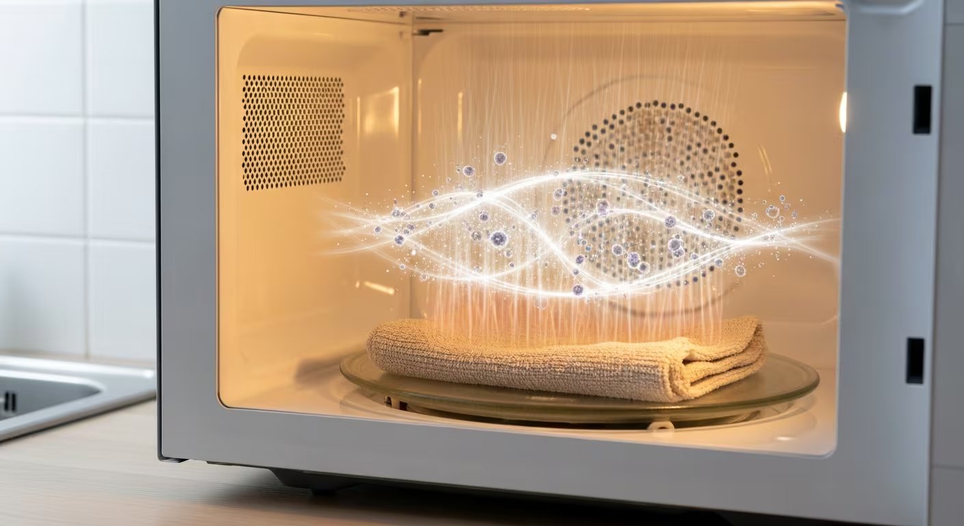 Un horno microondas limpia y desinfecta su interior con el vapor generado por un paño húmedo, representando la eliminación de bacterias mediante calor. (Imagen Ilustrativa Infobae)