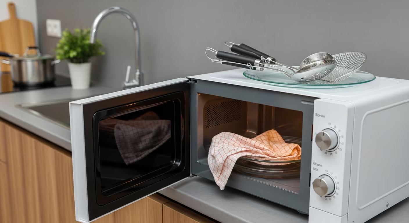 Un microondas de cocina se mantiene abierto con un trapo desinfectado en su interior, mientras varios utensilios de cocina descansan sobre el aparato. (Imagen Ilustrativa Infobae)