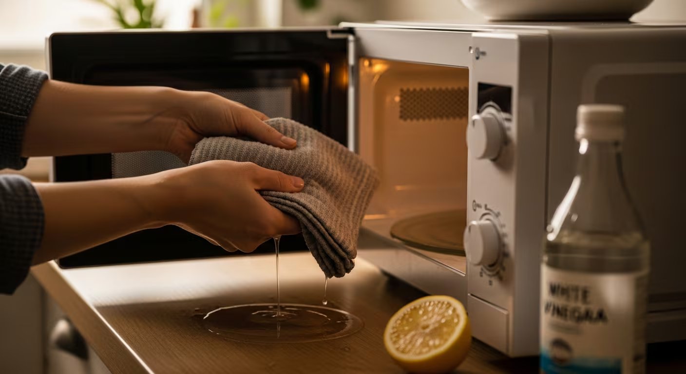 Manos preparan la limpieza del microondas con un trapo húmedo, un limón y una botella de vinagre blanco en la encimera. (Imagen Ilustrativa Infobae)