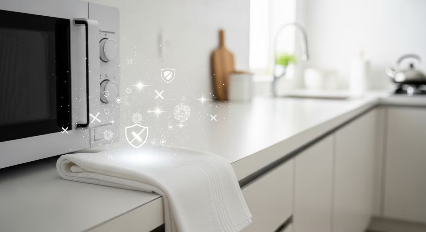Símbolos gráficos que indican desinfección aparecen sobre un trapo de cocina limpio y un microondas en una encimera. (Imagen Ilustrativa Infobae)