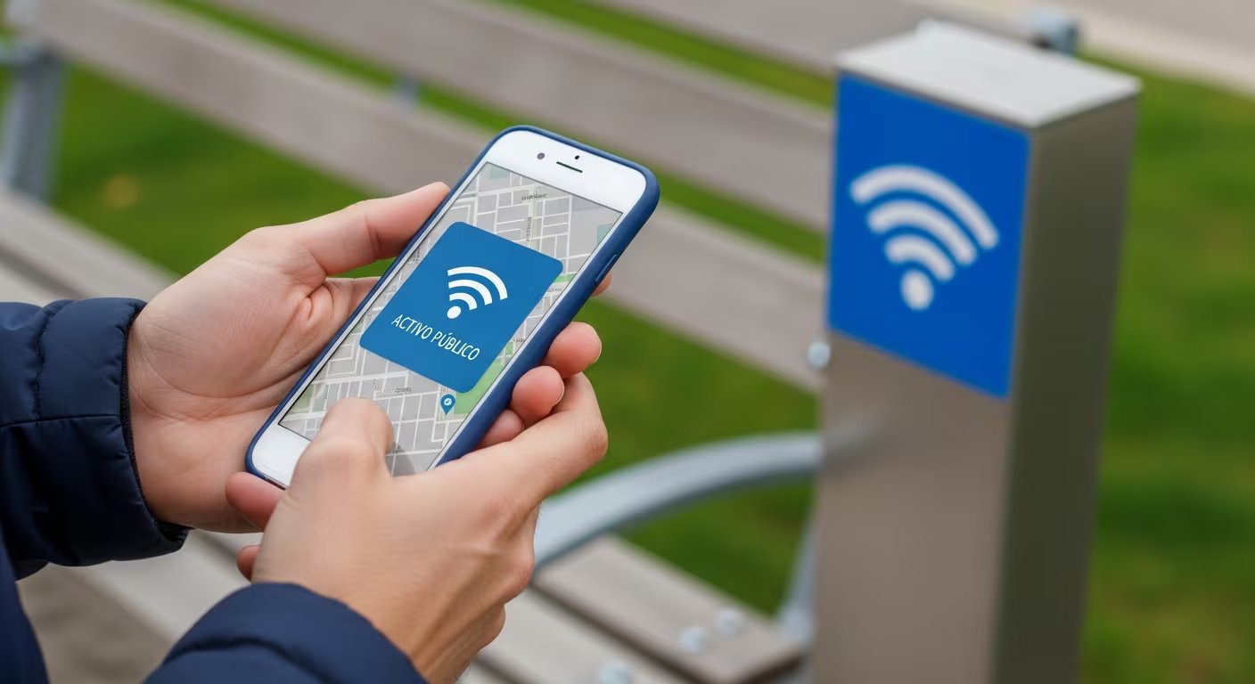 Una persona usa su teléfono móvil para buscar un punto de acceso WiFi público, con el símbolo