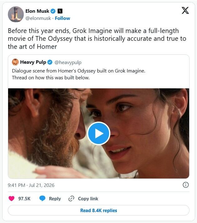 Elon Musk anunció que Grok Imagine desarrollará una versión cinematográfica de La Odisea después de compartir un clip generado con IA por un usuario de X (Captura de pantalla)