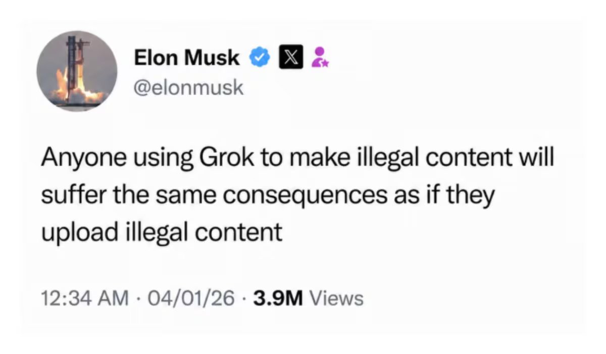 Elon Musk adviertío hace un tiempo a los usuarios sobre las consecuencias legales de emplear la inteligencia artificial Grok para producir contenido ilícito. (X: elonmusk)