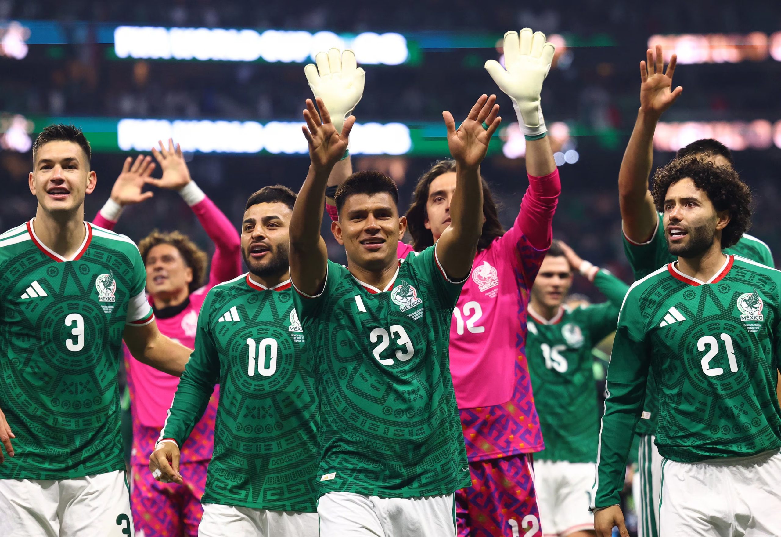 Soccer Football - FIFA World Cup 2026 - Round of 32 - Mexico v Ecuador - Estadio Azteca, Mexico City, Mexico - June 30, 2026 Mexico's Cesar Montes, Alexis Vega, Jesus Gallardo, Cesar Huerta and teammates celebrate after the match REUTERS/Raquel Cunha