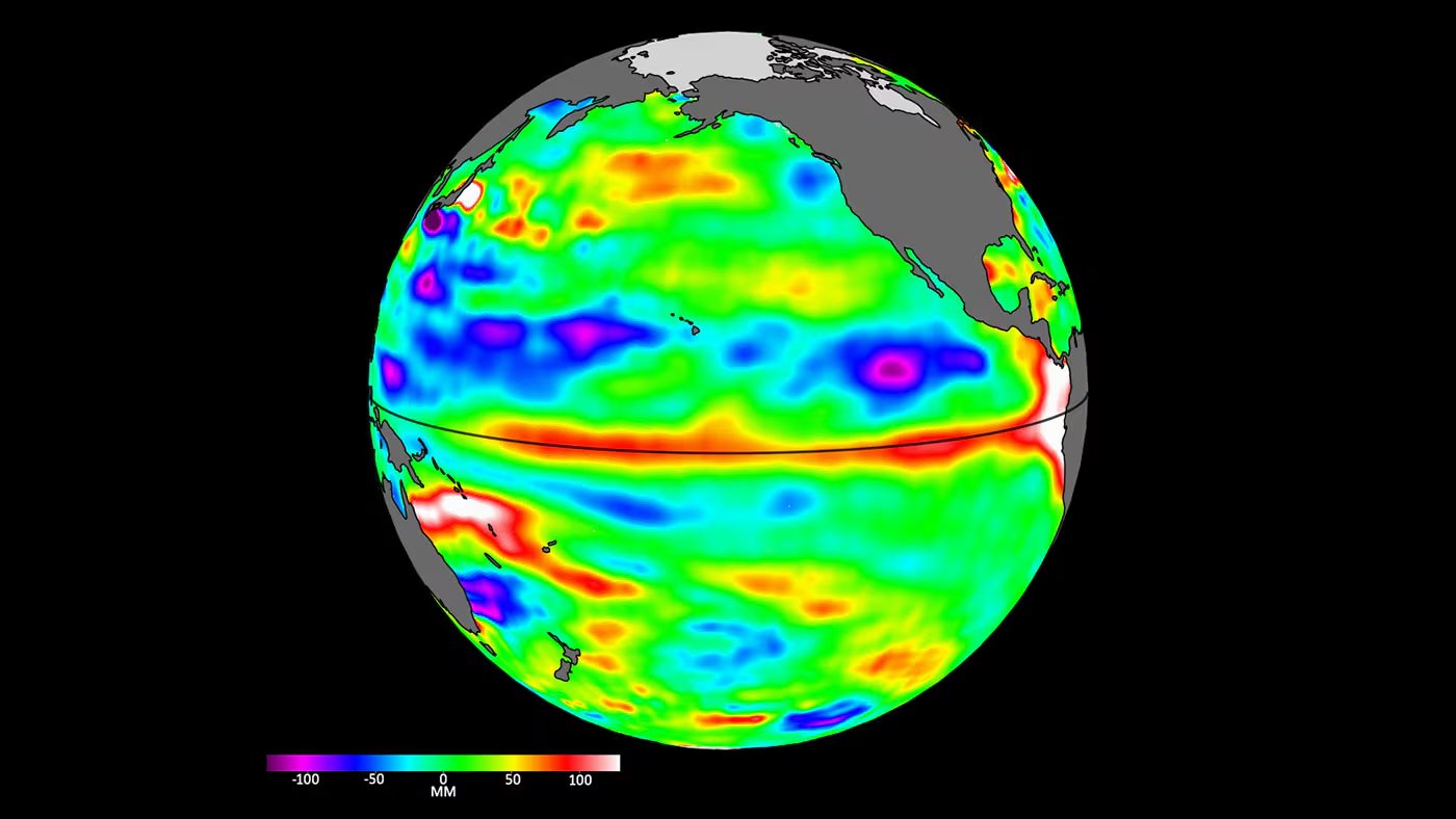 El fenómeno El Niño-Oscilación del Sur ocurre cuando se debilitan los vientos alisios y se calientan por encima de lo normal las aguas del Pacífico oriental./Archivo NASA/JPL-Caltech