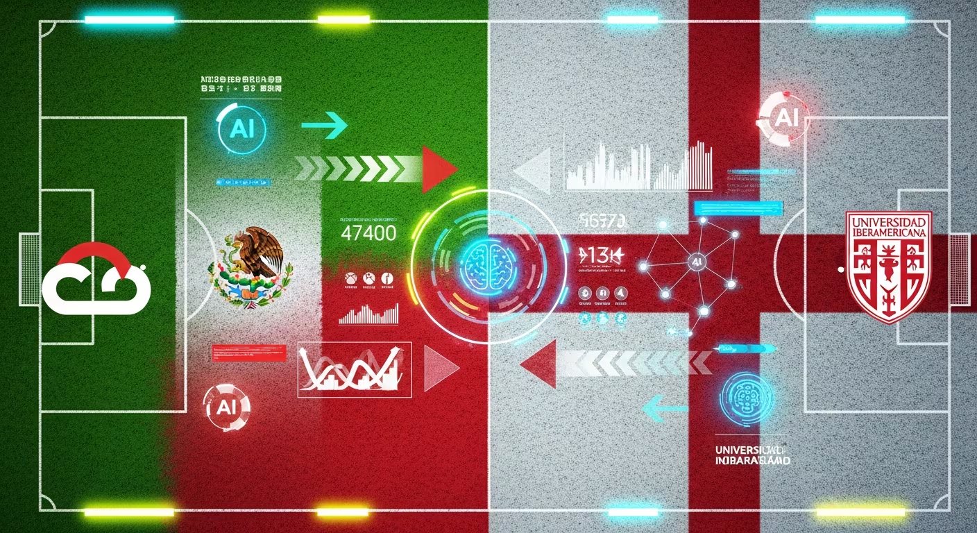 Una ilustración tecnológica muestra la aplicación de inteligencia artificial y análisis de datos en un campo de fútbol dividido por las banderas de México e Inglaterra, con los logos de Google Cloud y la Universidad Iberoamericana. (Imagen Ilustrativa Infobae)