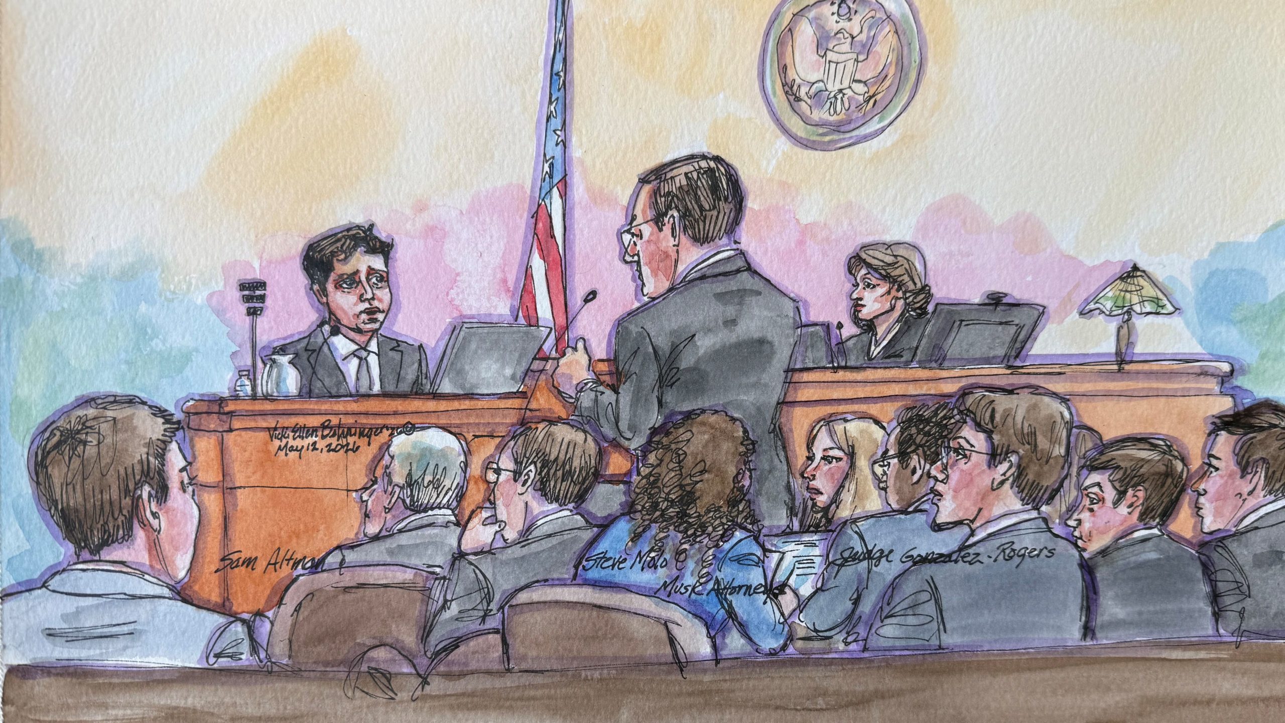 El CEO de OpenAI, Sam Altman, es interrogado por el abogado de Elon Musk, Steve Molo, durante el juicio de la demanda de Musk sobre la transformación de OpenAI en una entidad con fines de lucro, en un tribunal federal de Oakland, California (EEUU), en mayo de 2026; imagen basada en un boceto de la sala (REUTERS/Vicki Behringer NO RESALES. NO ARCHIVES)