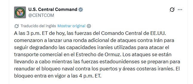 El Comando Central de Estados Unidos informa sobre una nueva ronda de ataques aéreos contra Irán y la preparación para un bloqueo naval en sus costas y el Estrecho de Ormuz