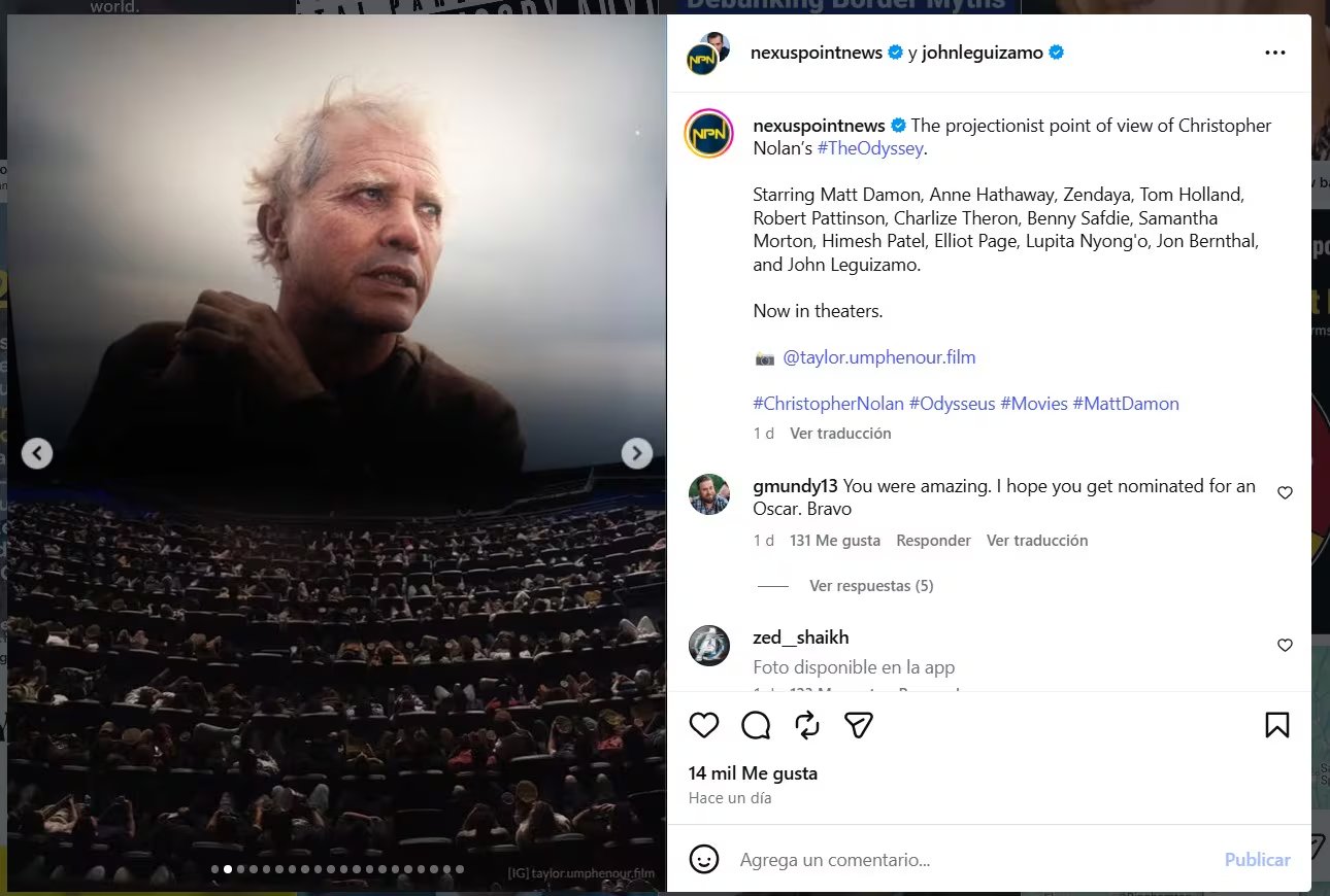 La caracterización de John Leguizamo en La Odisea exigió cuatro horas diarias de maquillaje, prótesis y envejecimiento facial - crédito @johnleguizamo/IG
