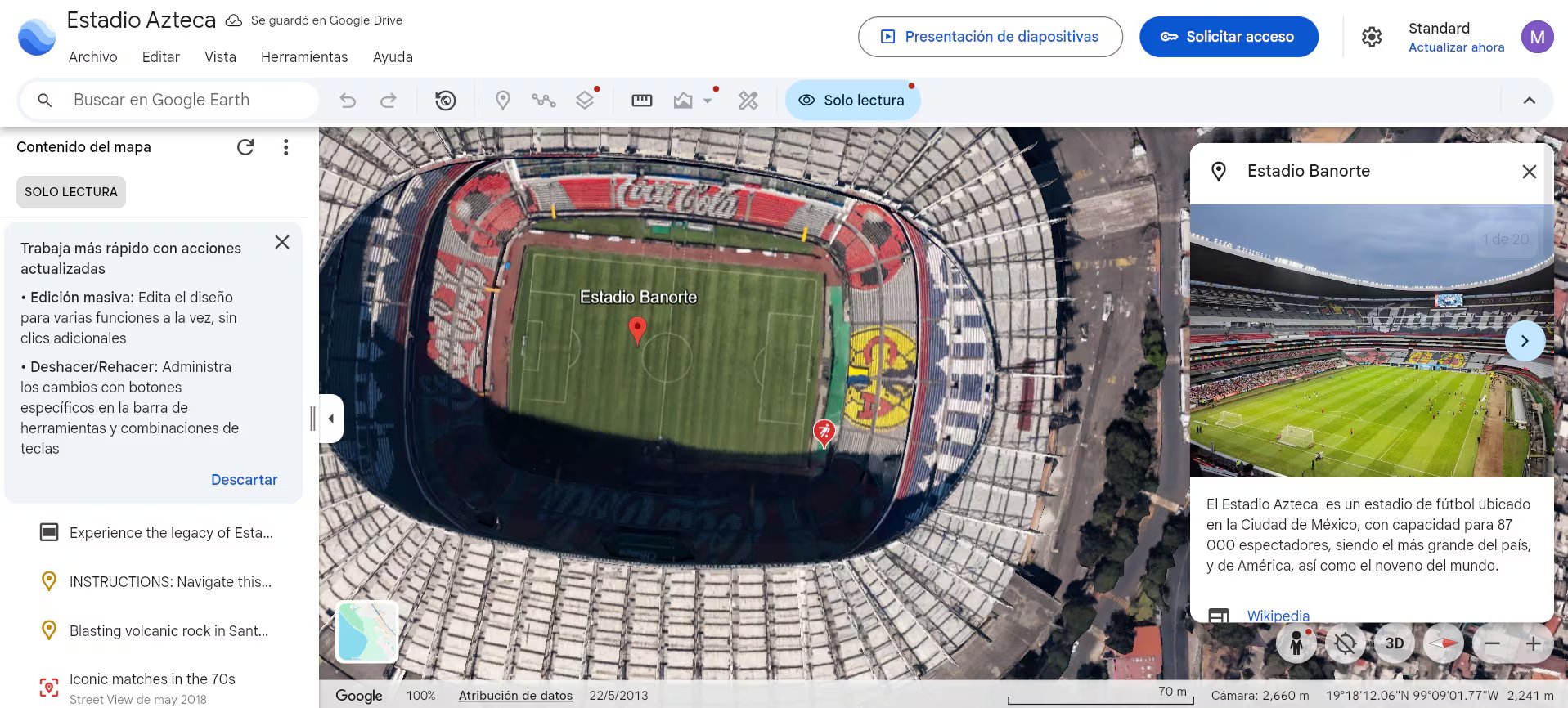 El panel derecho muestra fotografías de la Fundación ICA desde los años 60. (Google Earth)