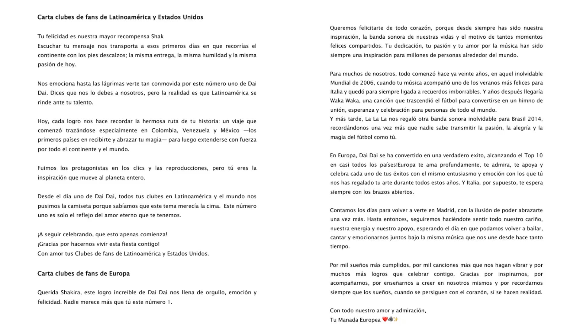 Clubes de fans de Europa, América Latina y Estados Unidos organizaron una inédita muestra de gratitud, enviando cartas a la artista tras su nuevo logro global - crédito Oficina de prensa Shakira