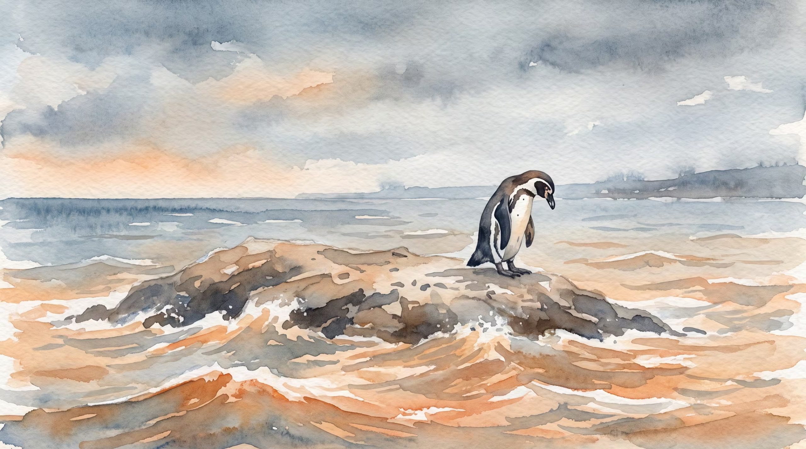 Una ilustración en acuarela muestra un pingüino de Humboldt solitario sobre una roca en el mar, representando la disminución de su población en Perú a causa de El Niño. (Imagen Ilustrativa Infobae)