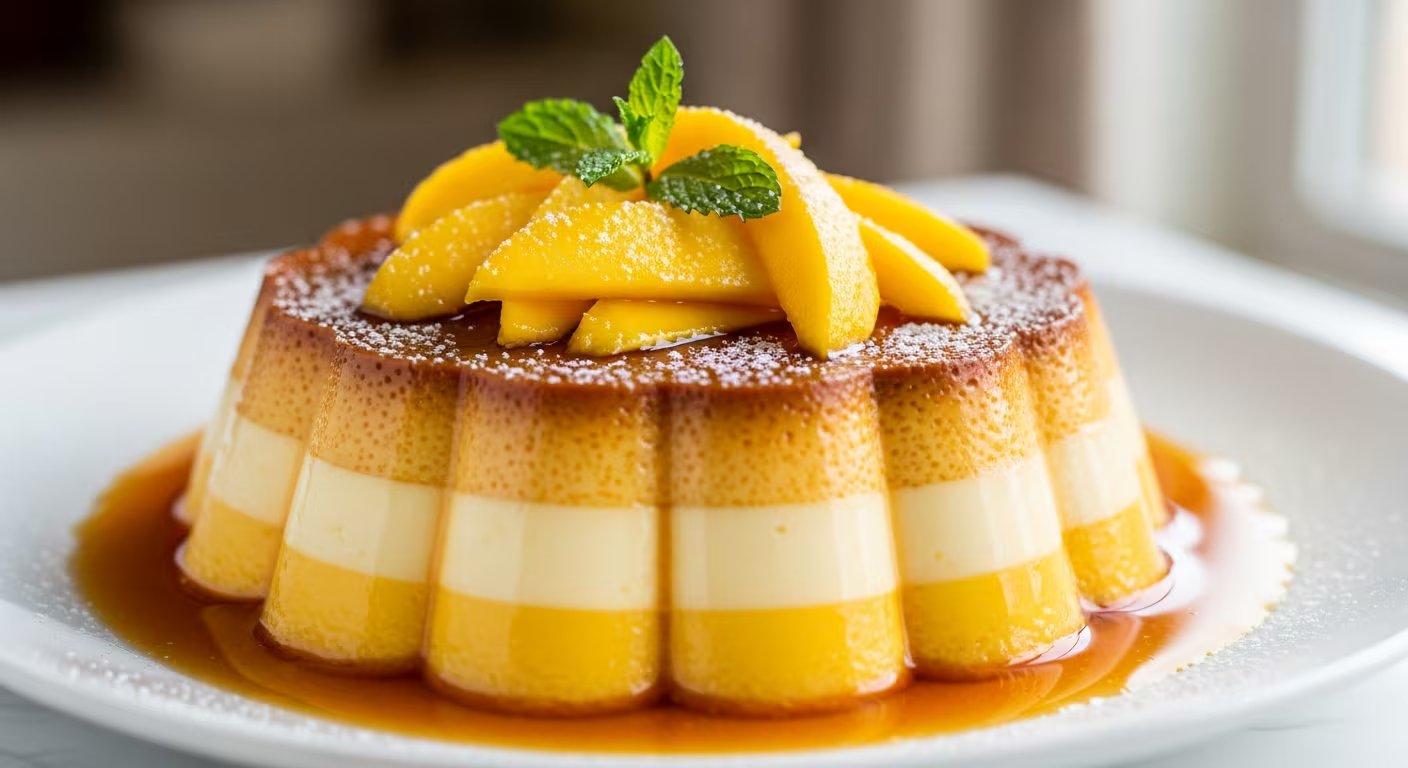 Un flan napolitano de mango se presenta en un plato blanco, cubierto con rodajas de mango, hojas de menta y espolvoreado con azúcar impalpable, rodeado de caramelo líquido. (Imagen Ilustrativa Infobae)
