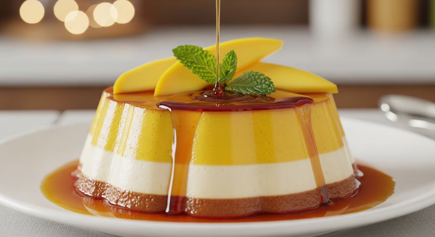 Un flan napolitano de mango recibe un chorro de caramelo líquido mientras es decorado con rebanadas de mango y hojas de menta en un plato blanco. (Imagen Ilustrativa Infobae)