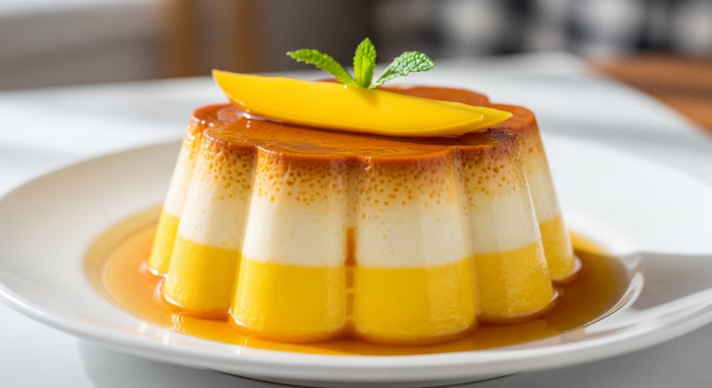 Un flan napolitano de mango con caramelo se presenta en un plato blanco, decorado con una rebanada de mango y hojas de menta. (Imagen Ilustrativa Infobae)