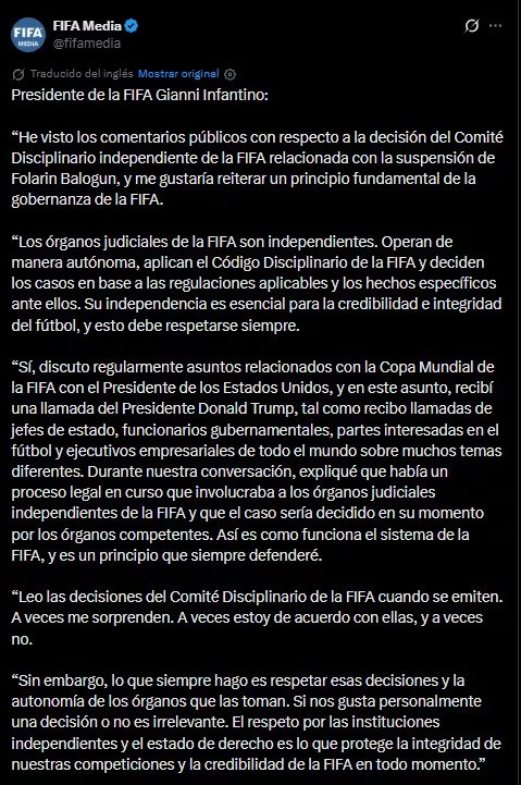 El comunicado de Infantino sobre el caso Balogun