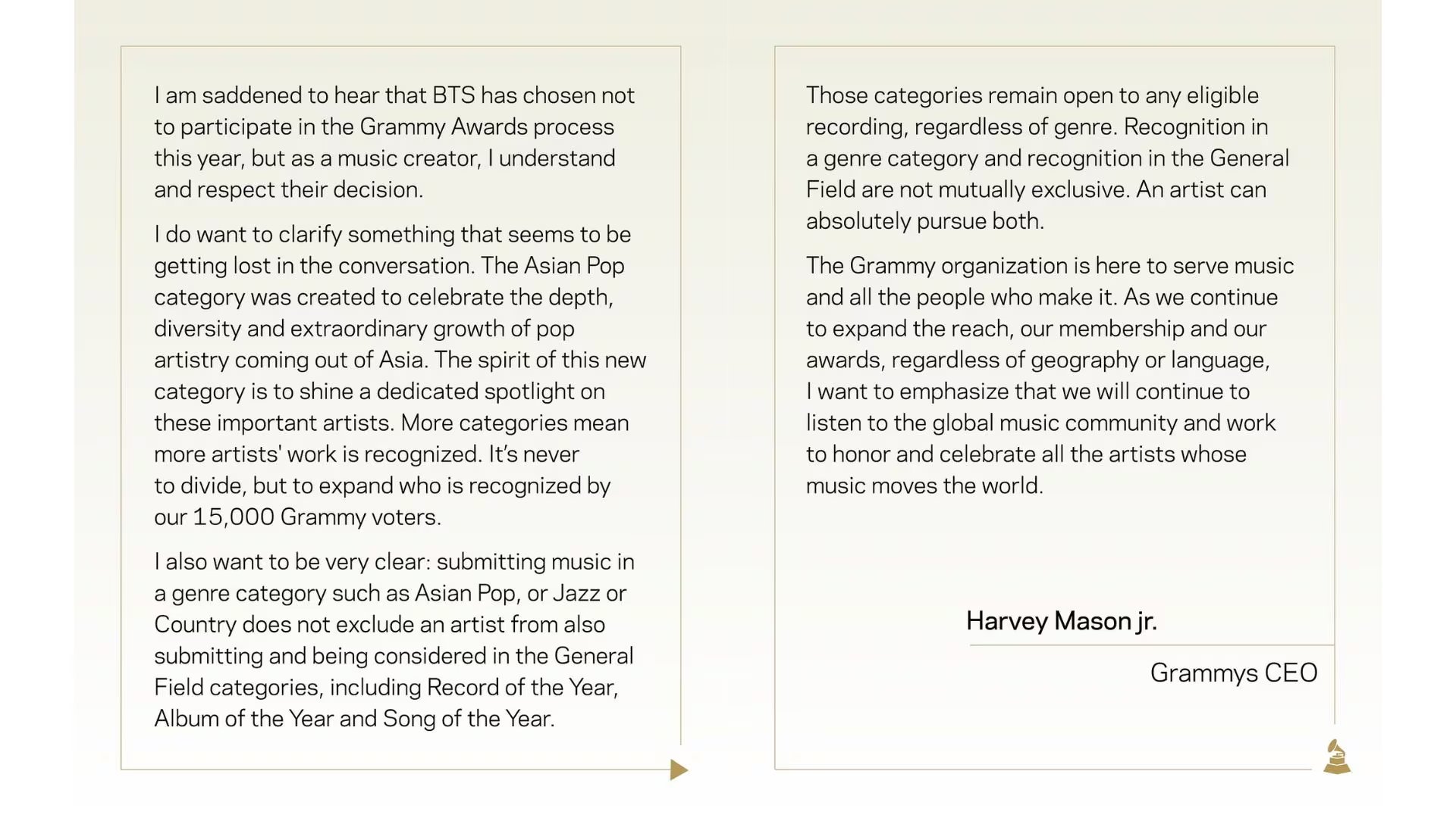 Carta de Harvey Mason Jr. CEO de los Grammy - (Instagram)