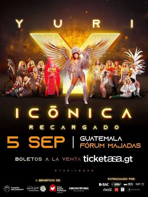 La cantante Yuri presenta su show Icónica Recargado junto a su equipo de bailarines en un afiche que anuncia el concierto en Guatemala el 5 de septiembre. (Redes Sociales )